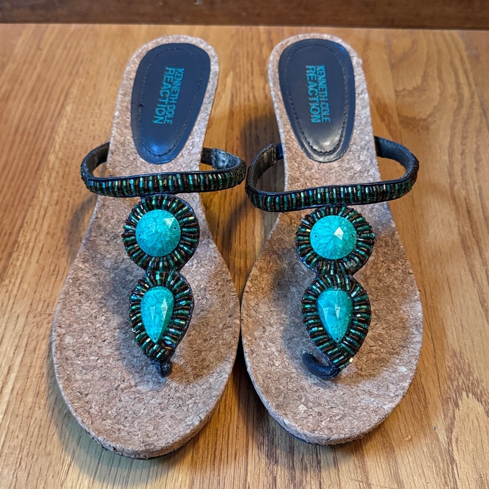 Kenneth Cole Reaction Turquoise Beaded Wedge Sandals Boho Beach Cruise Size 7M